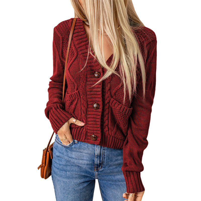 Summer Solid Color Knitted Cardigan Pocket Button Texture Long Sleeve