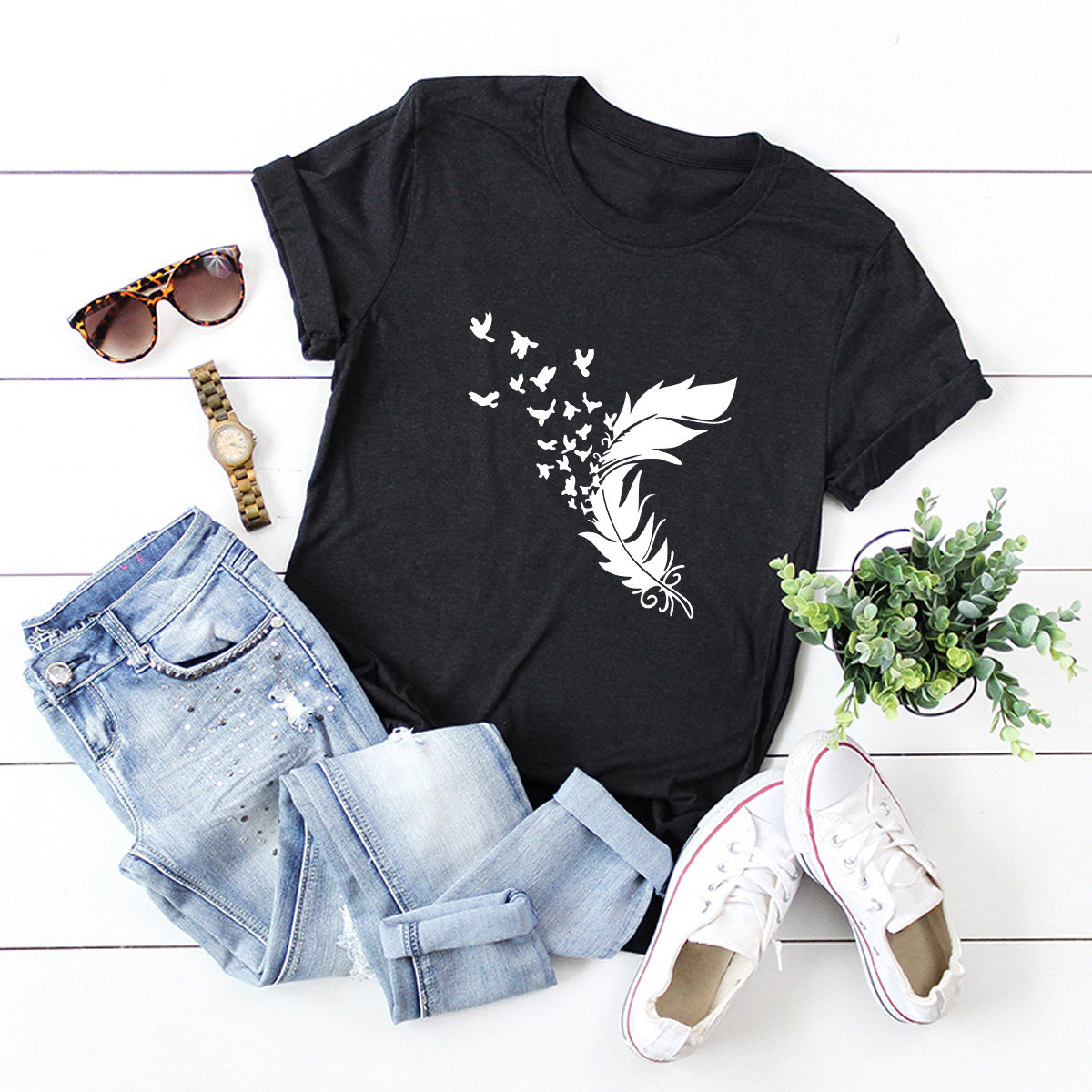 Summer Plus Size Women Clothing New Feather Print T-Shirt
