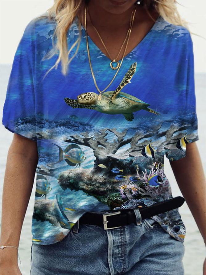 Fashion turtle print women's V-neck loose T-shirt