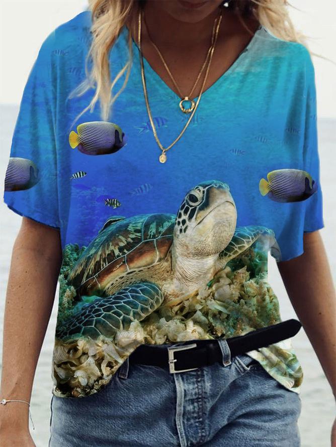 Fashion turtle print women's V-neck loose T-shirt