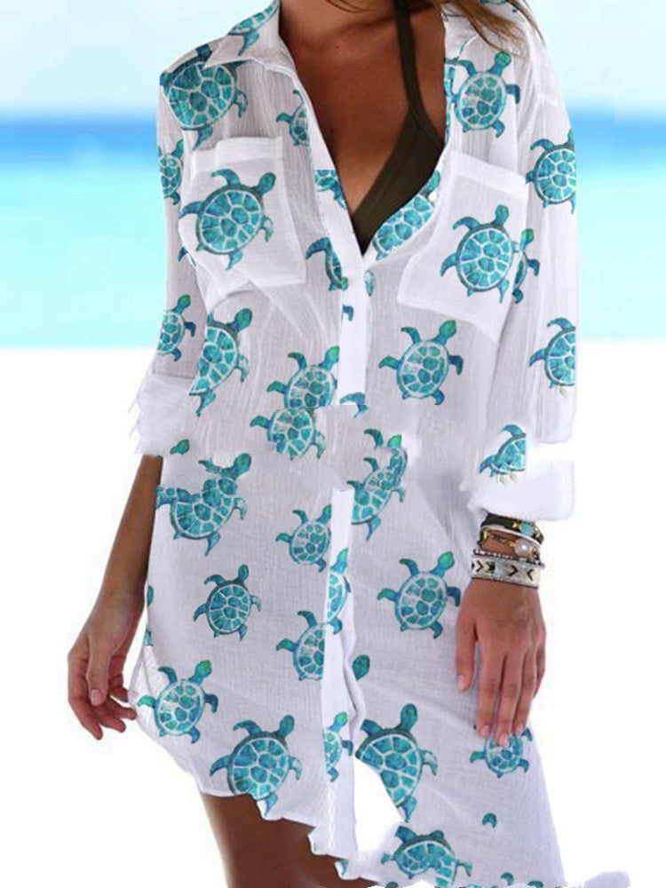 Summer Beach Turtle Long Cardigan Shirt