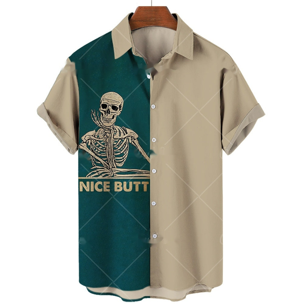 Men's Short-sleeve Lapel Shirt 3D Digital Skull Printed Shirt