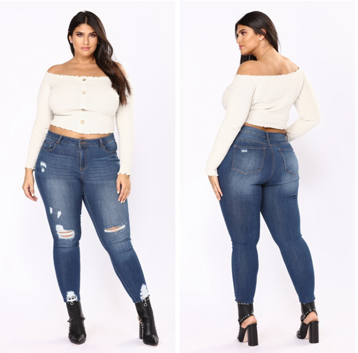 New large size women's hole dark blue jeans women's clothing