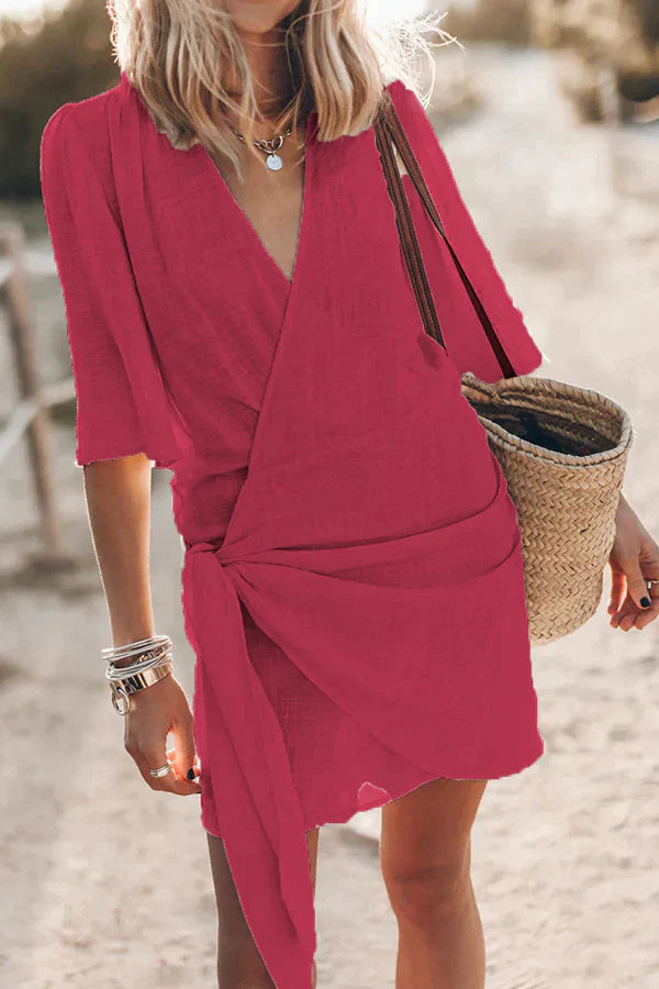 Casual Style Cotton And Linen Cross V-Neck Solid Color Dress