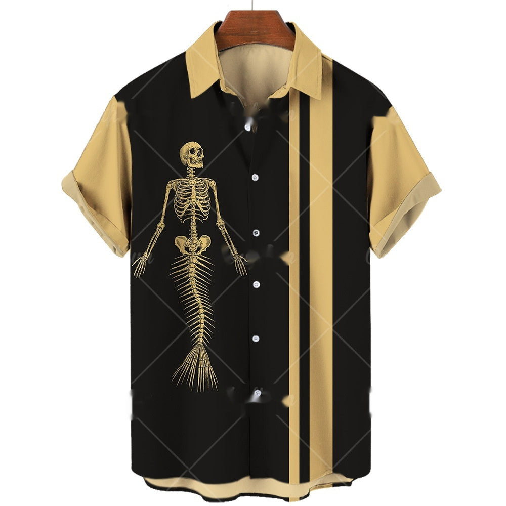 Men's Short-sleeve Lapel Shirt 3D Digital Skull Printed Shirt