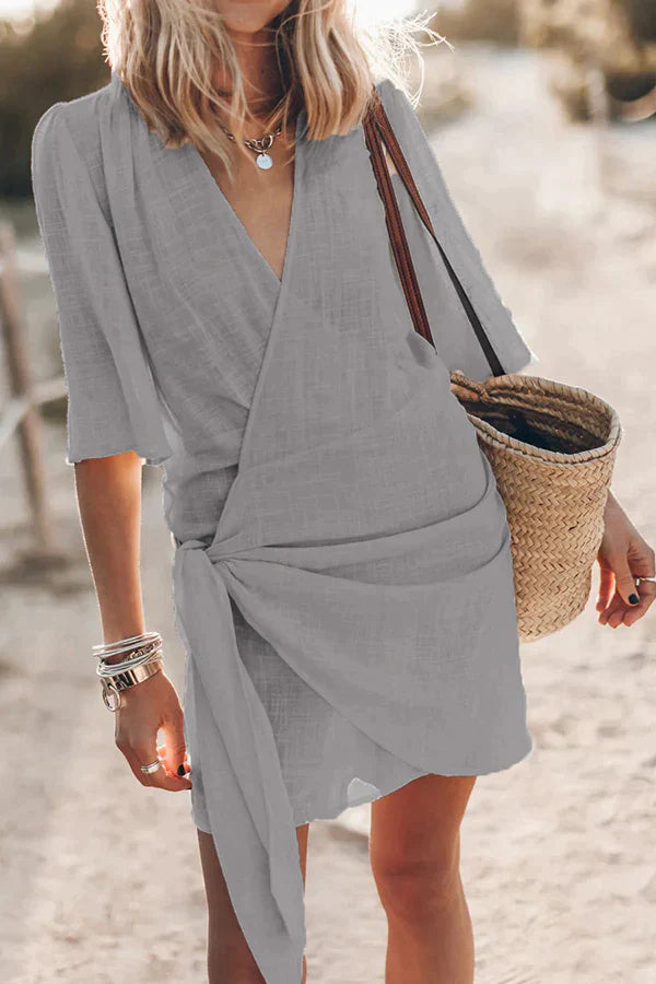 Casual Style Cotton And Linen Cross V-Neck Solid Color Dress